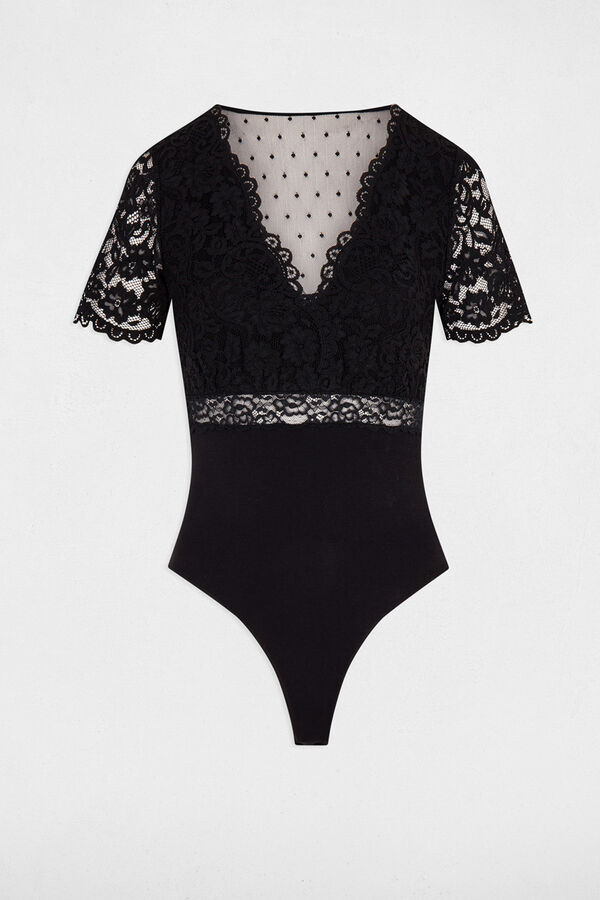 Morgan short sleeve bodysuit with lace Black