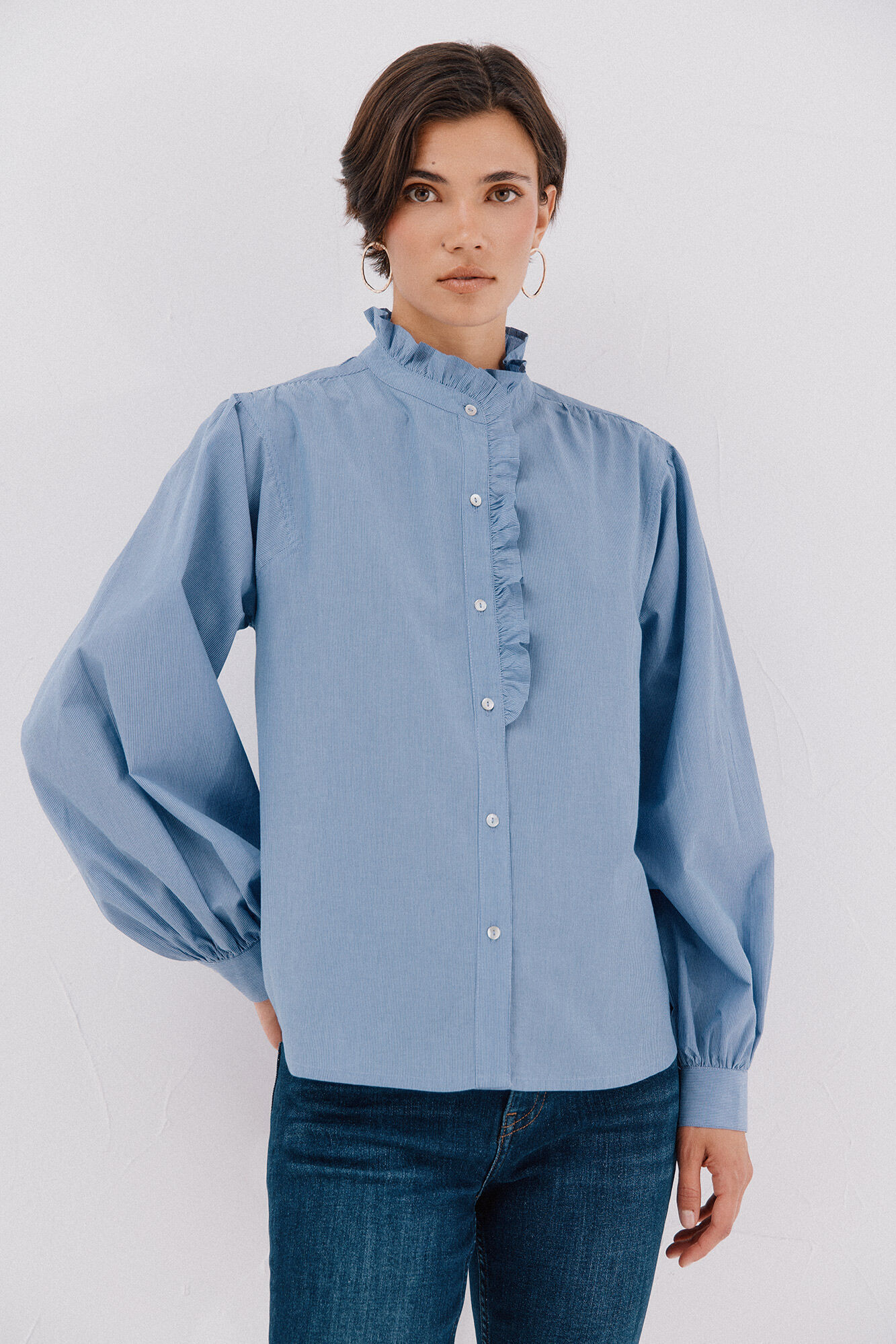 Cortefiel striped blouse with ruffled neck