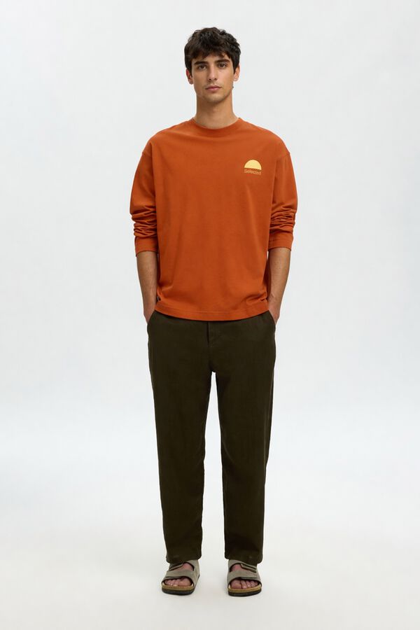 Selected T-shirt de manga comprida estampada Castanho