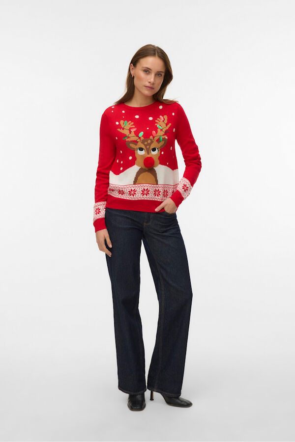 Vero Moda Camisola feminino com estampado de Natal e gola redonda Vermelho