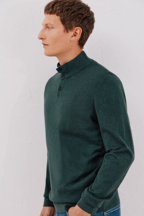 Cortefiel Cotton/silk cashmere high neck jumper Dark green