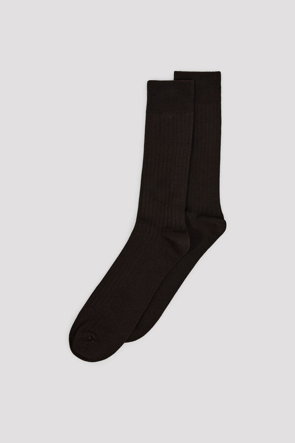 Cortefiel Plain ribbed crew sock Dark brown