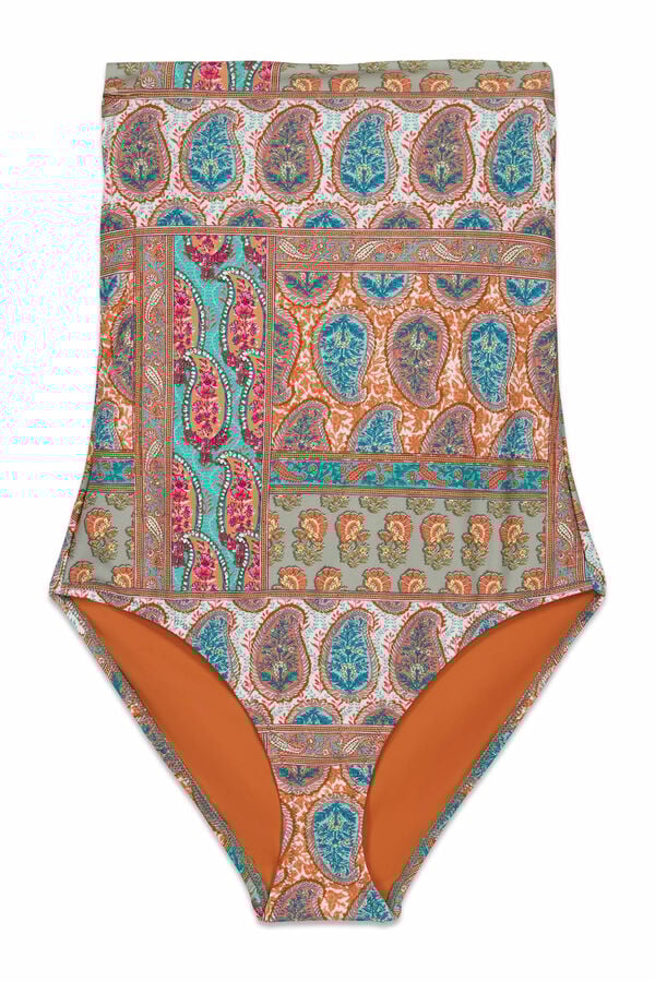 Cortefiel Square neck sculpting swimsuit Printed orange