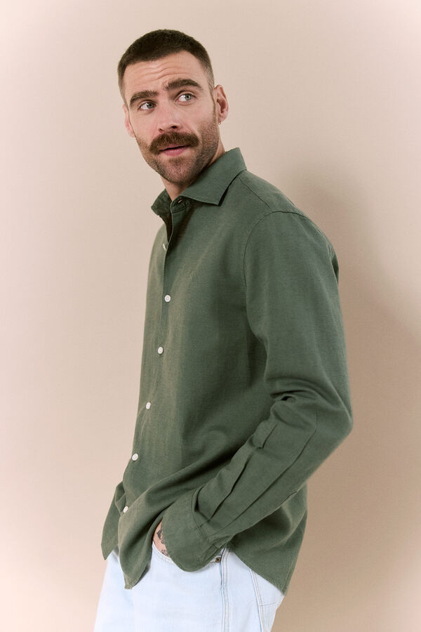 OOTO Camisa manga comprida em algod&atilde;o e linho Verde