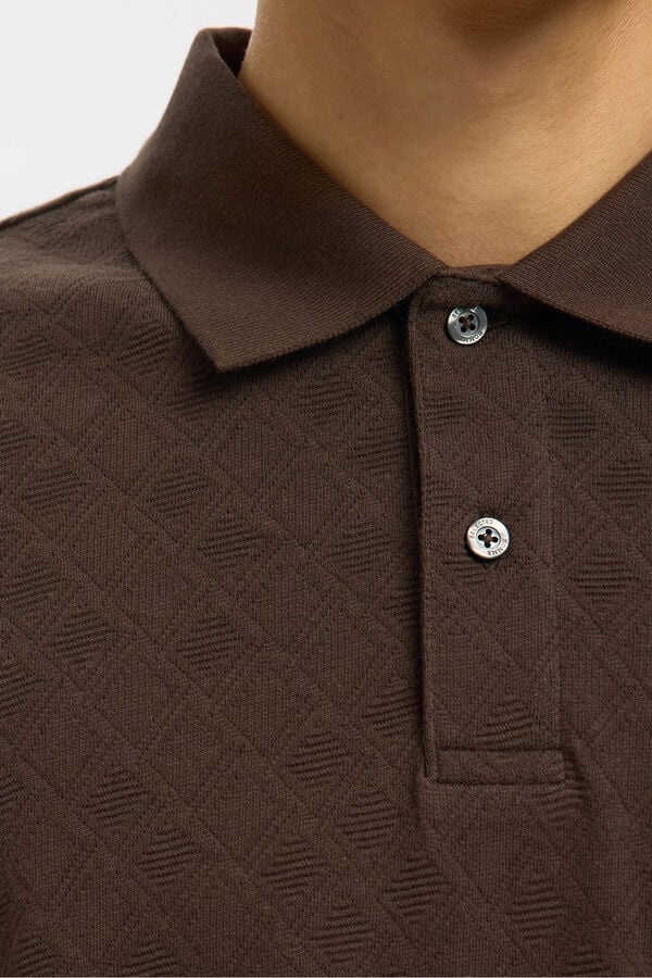Selected Polo jacquard de manga manga 100% algodão orgânico Castanho