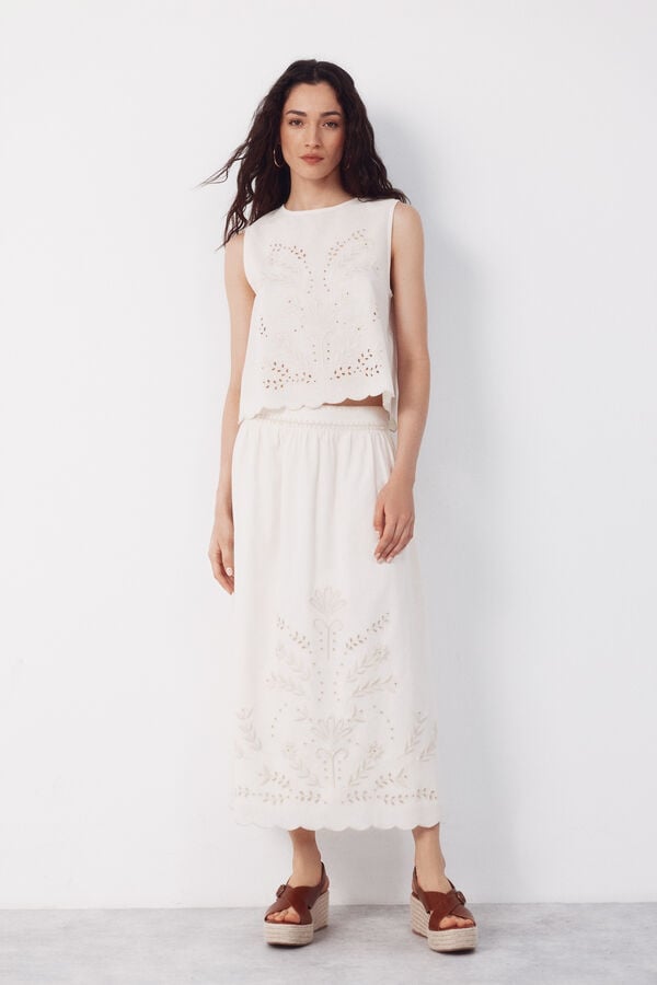 Cortefiel Embroidered top Printed beige