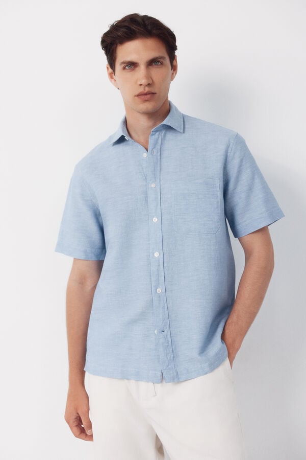 Cortefiel Plain cotton linen short sleeve shirt Blue