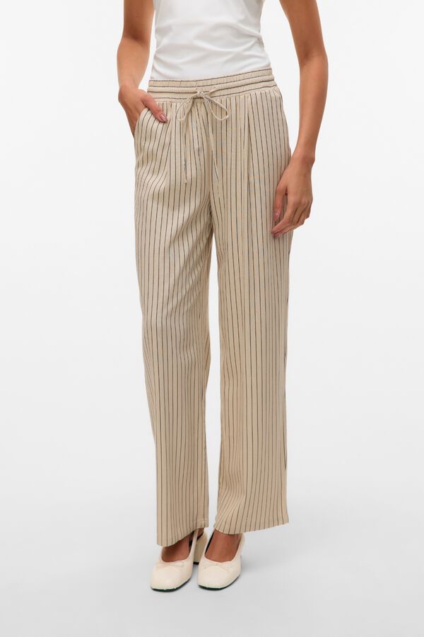 Vero Moda Cal&ccedil;a com cintura el&aacute;stica de linho Tostado