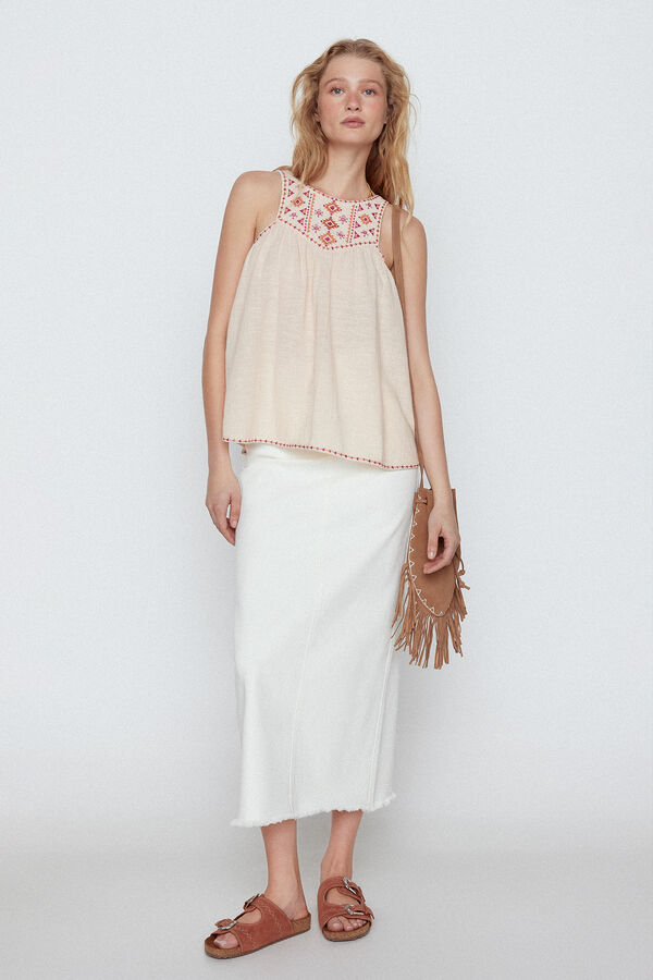 Cortefiel Top with embroidered yoke Nude