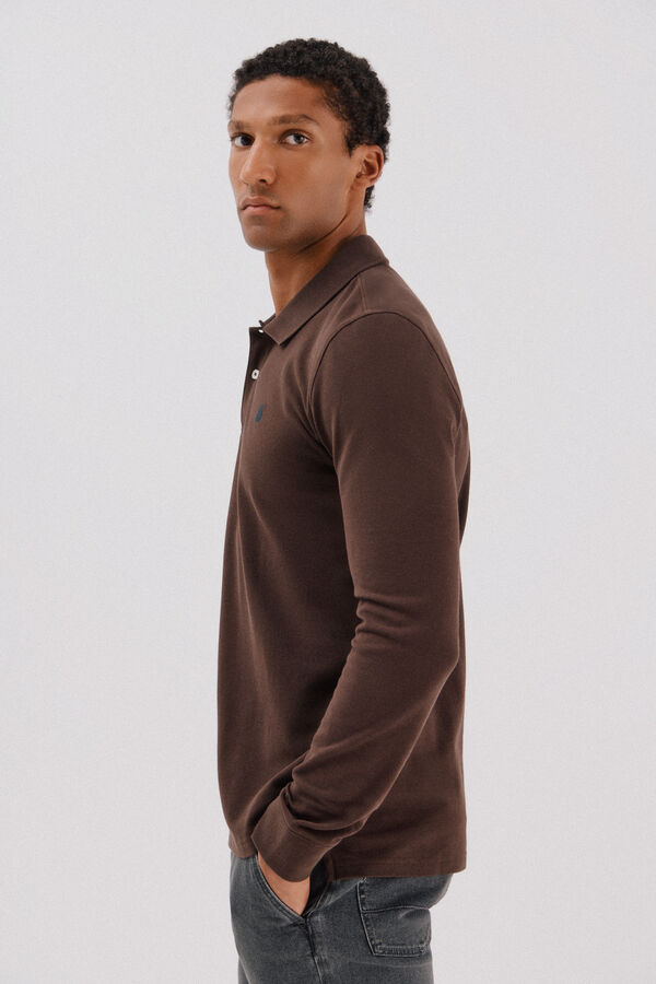 Cortefiel Essential long-sleeved polo shirt Dark brown