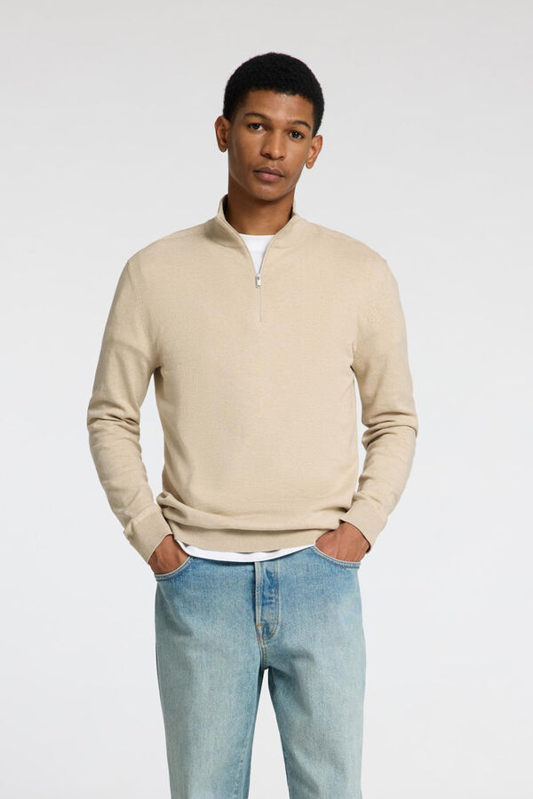 Selected Knitted pullover with half zip 100% cotton Beige