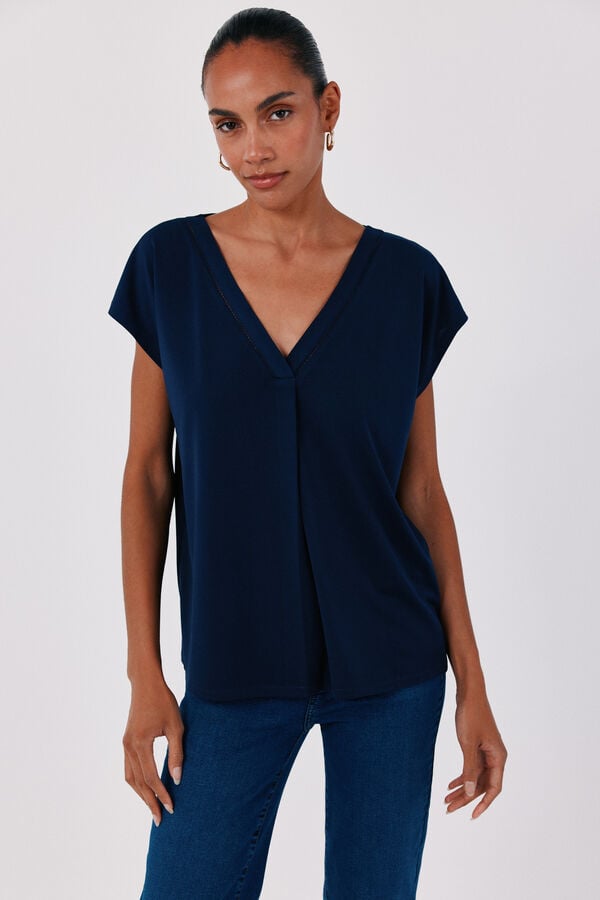 Cortefiel V-neck T-shirt with lace detail Navy
