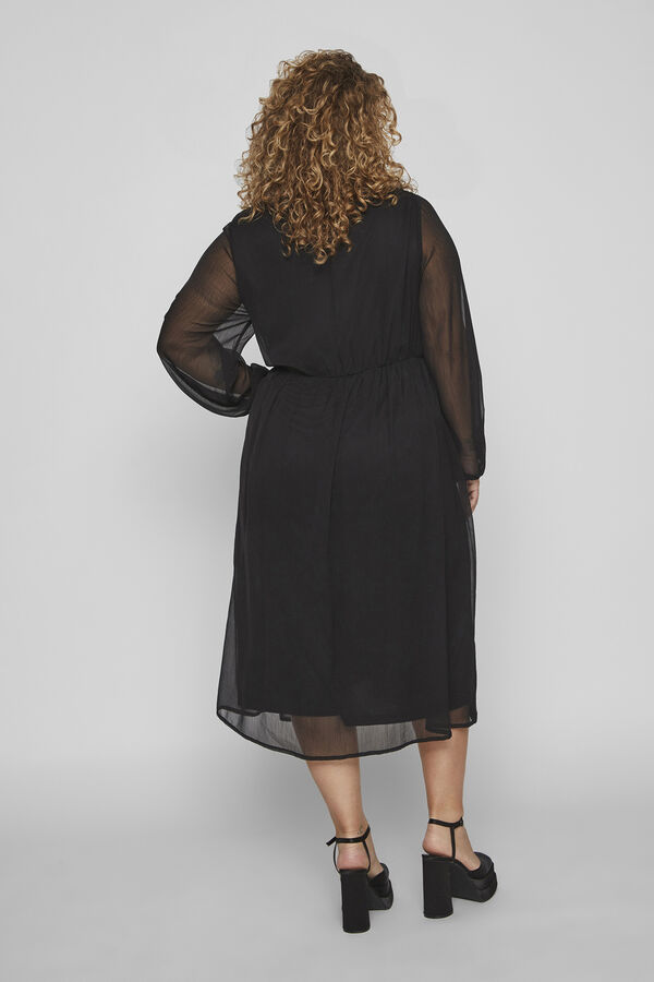 Cortefiel Evoked by Vila midi dress with long semi-sheer sleeves Black