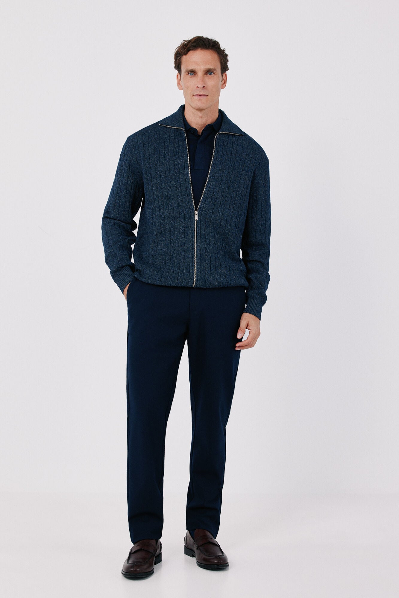Cortefiel Cotton braided knit zip fastening cardigan