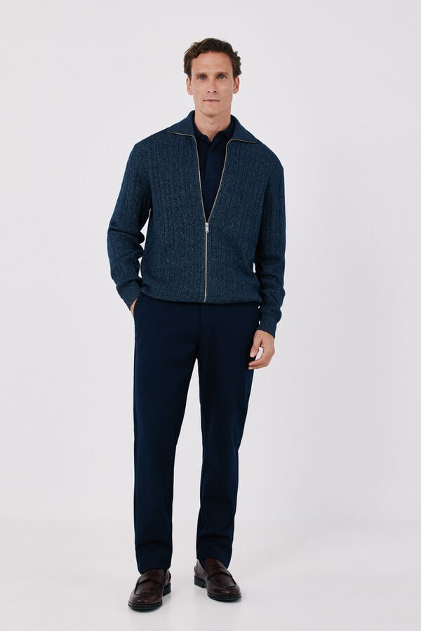 Cortefiel Cotton braided knit zip fastening cardigan Blue