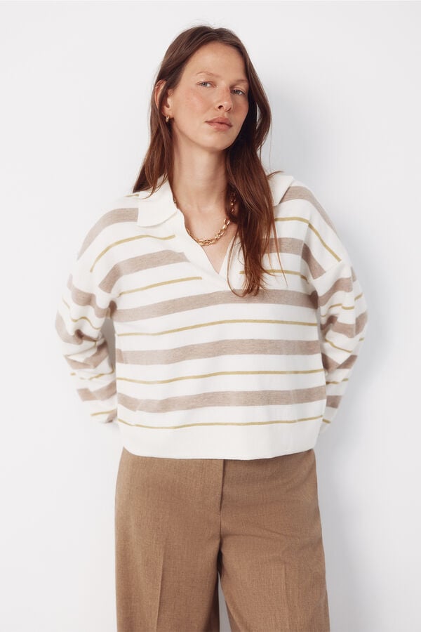 Cortefiel Striped polo jumper Ivory