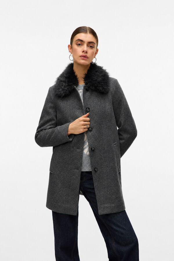 Vero Moda Sobretudo de fazenda com gola de pelo Cinzento