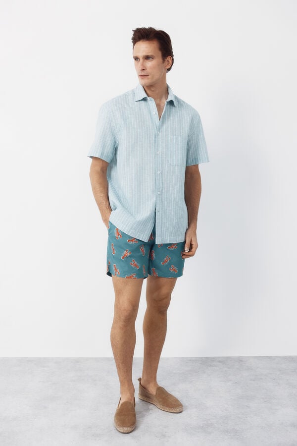 Cortefiel Striped cotton linen short sleeve shirt Turquoise