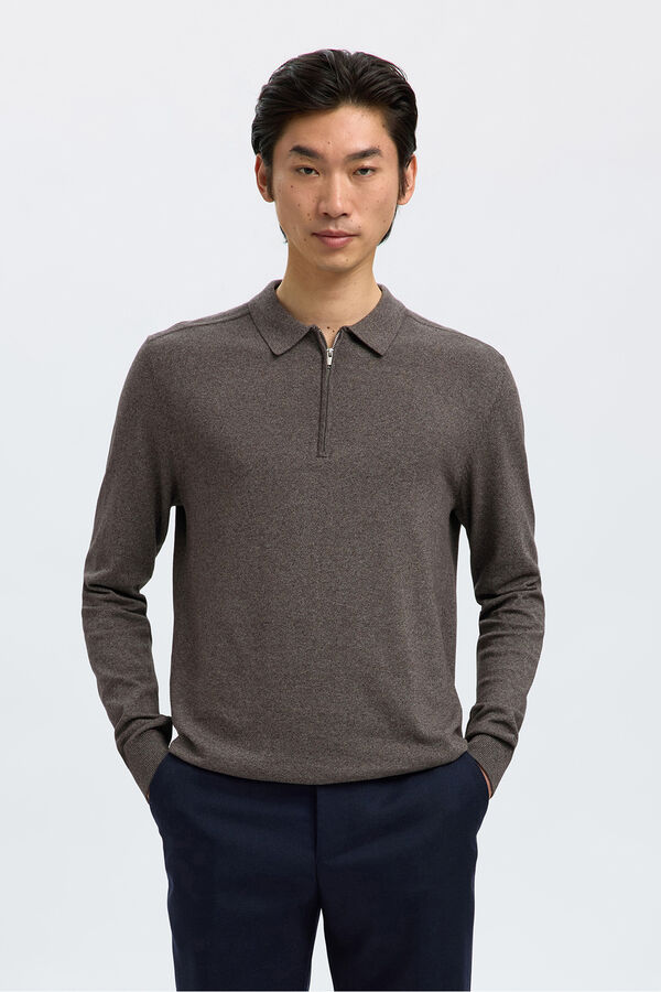 Selected Camisola polo 100% algodão com meia fecho-éclair . Cinzento