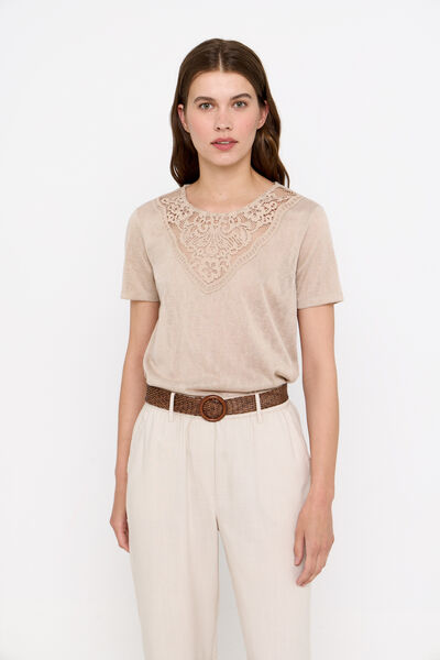 Cortefiel Round-neck guipure T-shirt with patch Nude