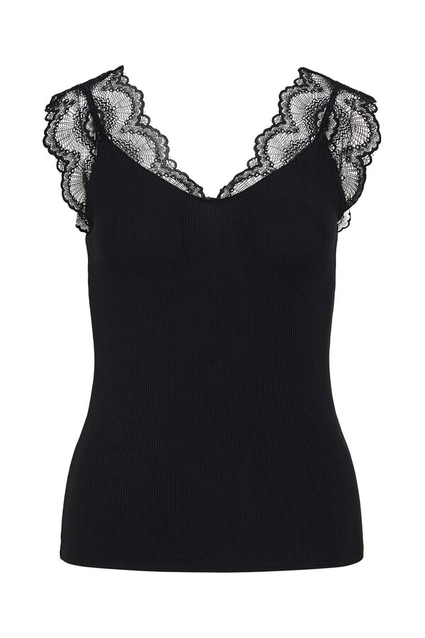 Vila T-shirt canelada com renda Preto