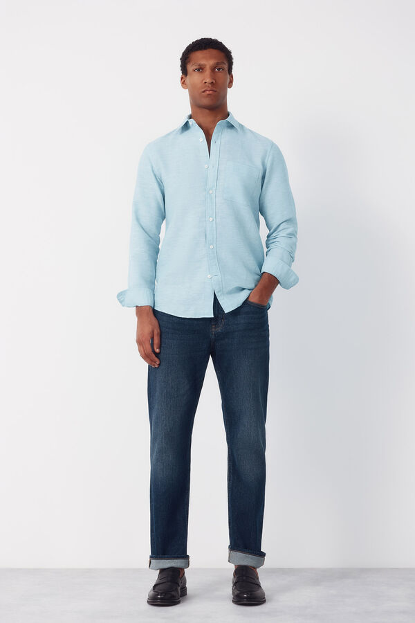 Cortefiel Plain linen cotton shirt Turquoise