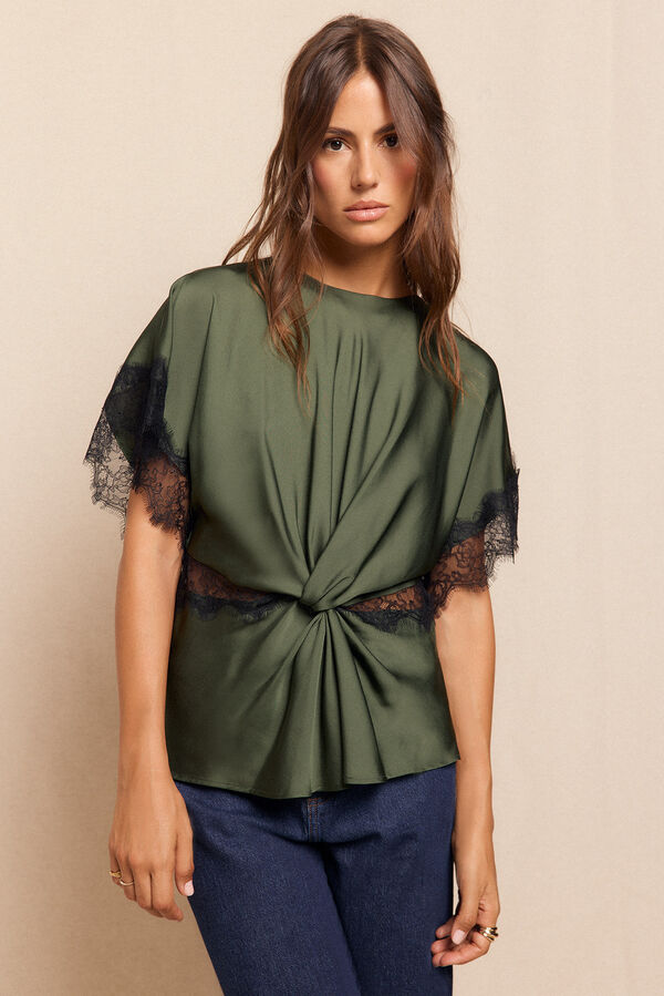 Slowlove Blusa de renda de cetim Verde
