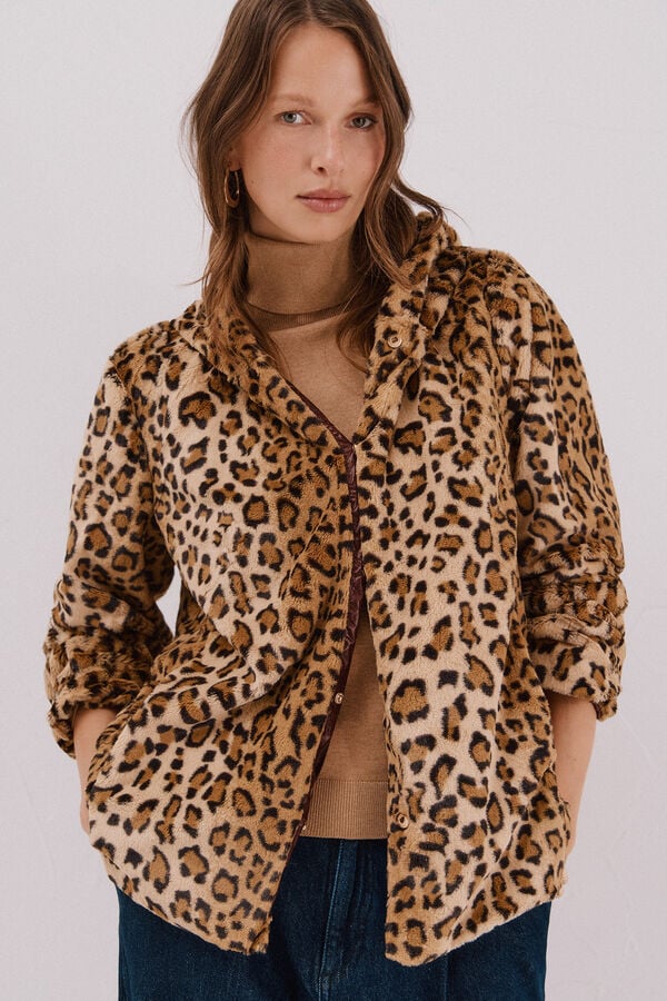 Cortefiel Short reversible faux fur jacket Dark brown