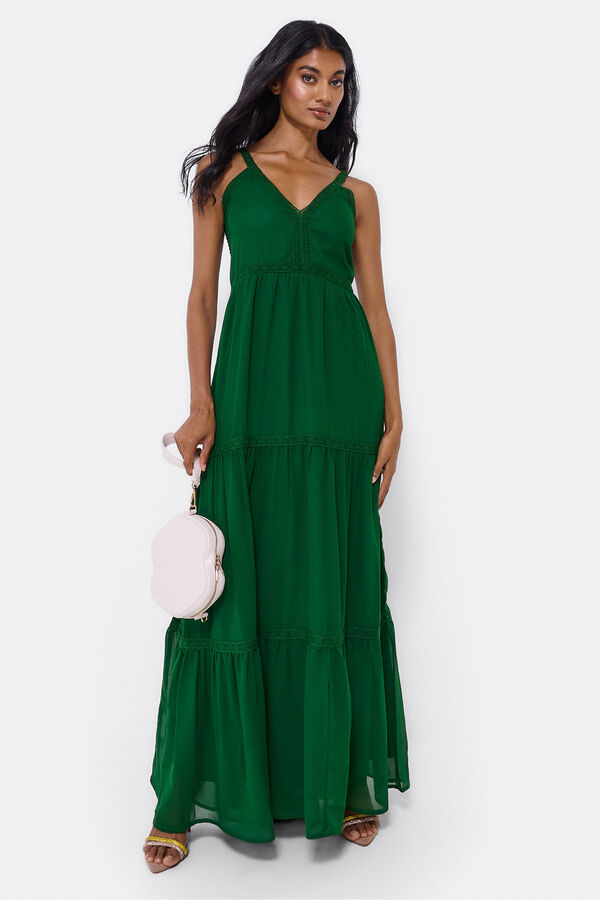 Cortefiel Strappy cotton and lace maxi dress Green