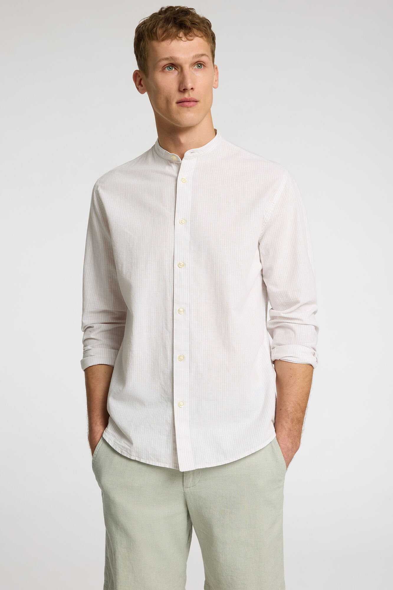 Selected linen shirt with mandarin collar