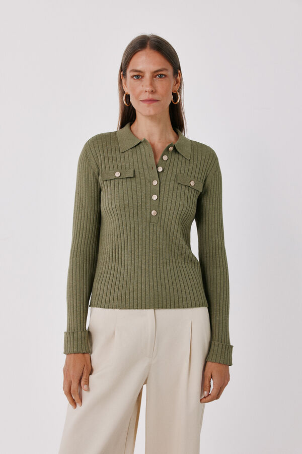Cortefiel Ribbed button jumper Kaki