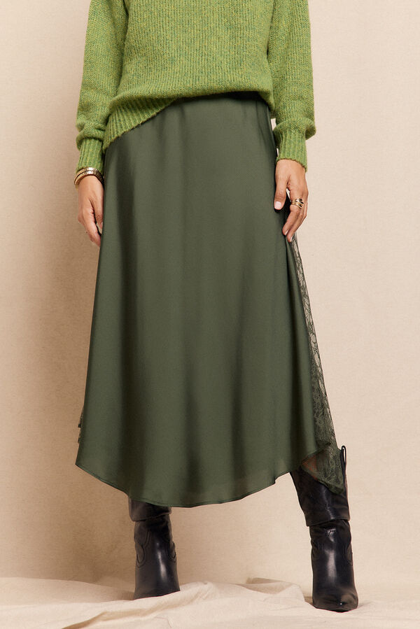 Slowlove Saia longa de cetim com renda Verde