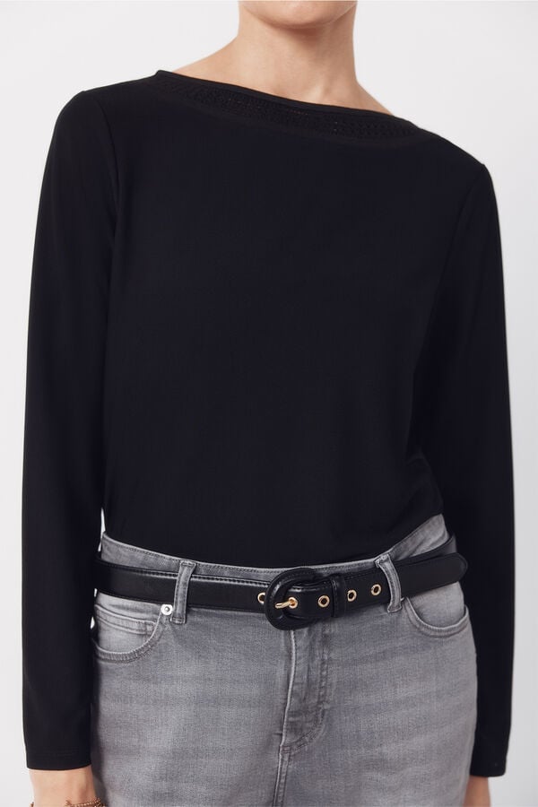 Cortefiel Camiseta escote barco lace Negro