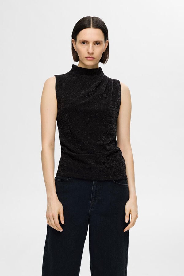 Cortefiel Top de tirantes y cuello alto con brillo. Slim Fit. Negro