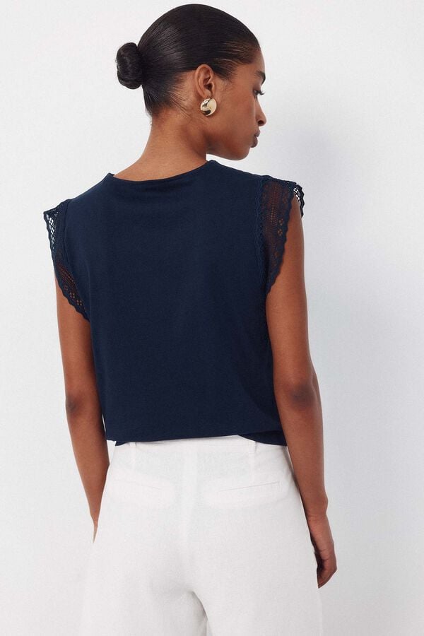 Cortefiel Guipure sleeve -shirt Navy