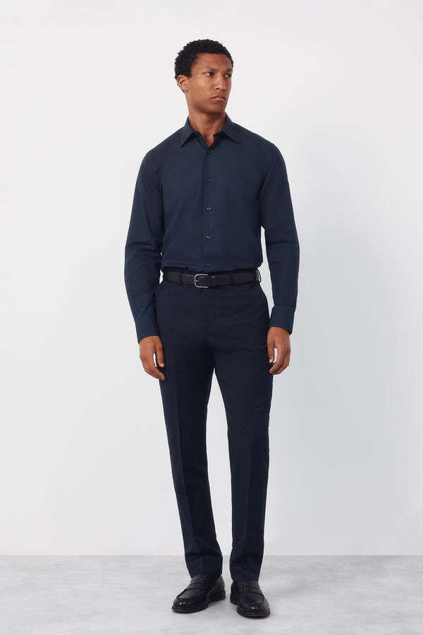 Cortefiel Camisa vestir lisa algod&oacute;n tencel Azul marino