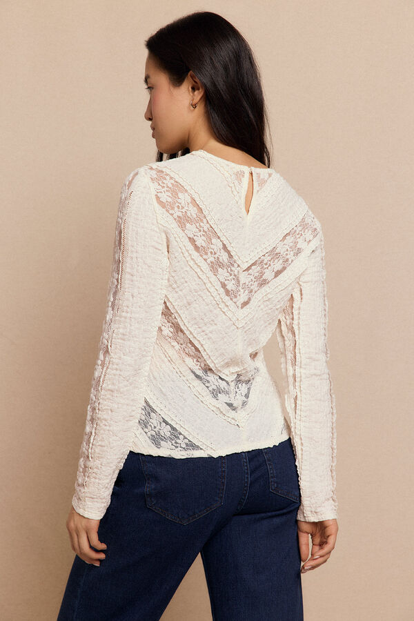 Slowlove Top de renda combinada Ecru