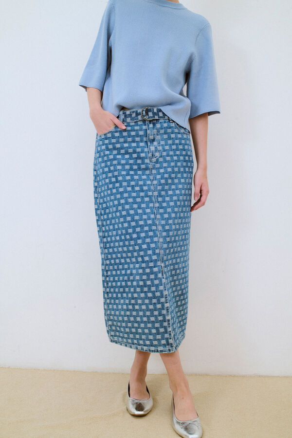 Cortefiel Printed denim midi skirt Blue