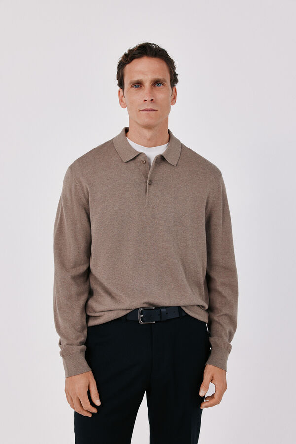 Cortefiel Cotton cashmere knit polo neck jumper Beige