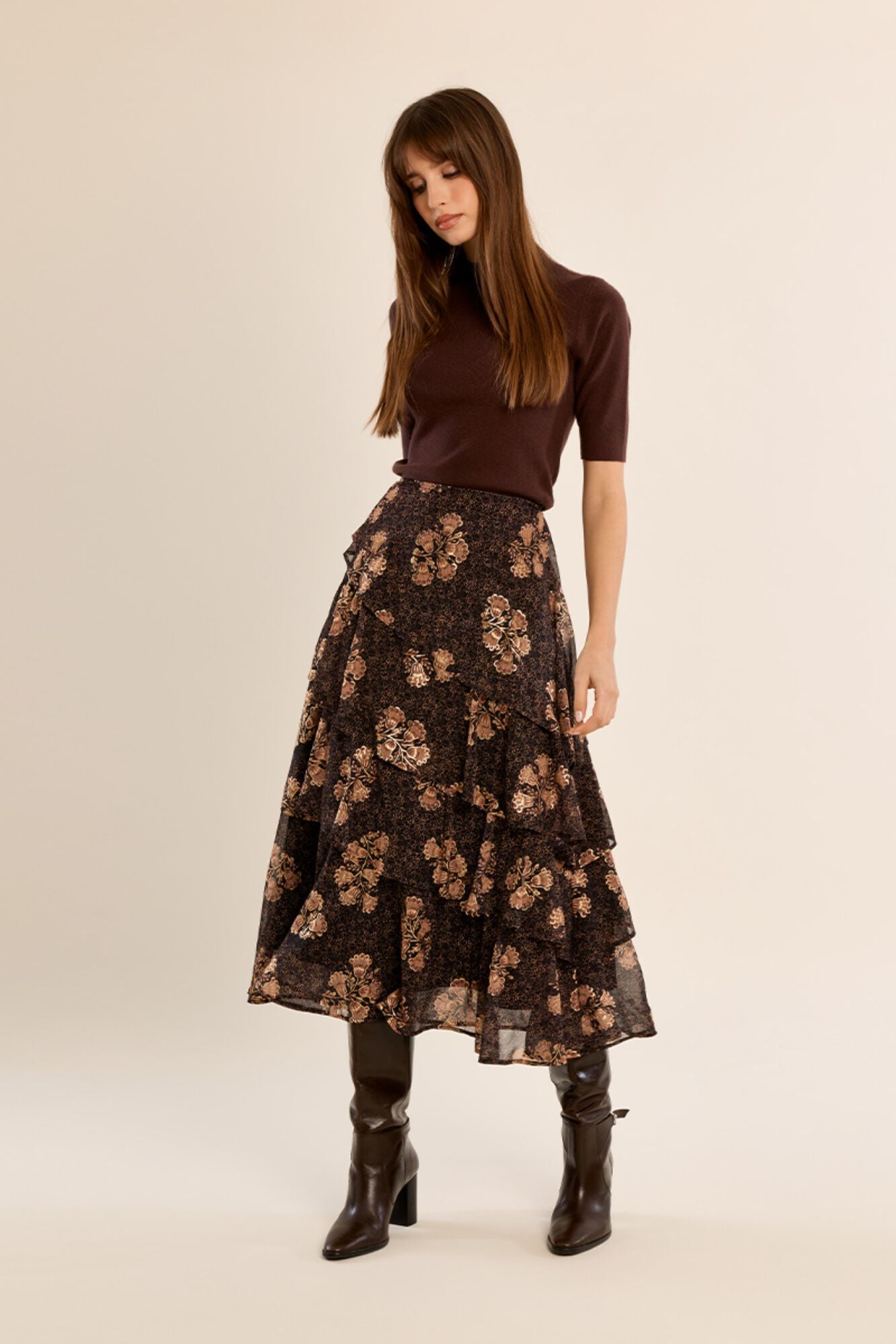 Molly Bracken Saia comprida estampada com folhos
