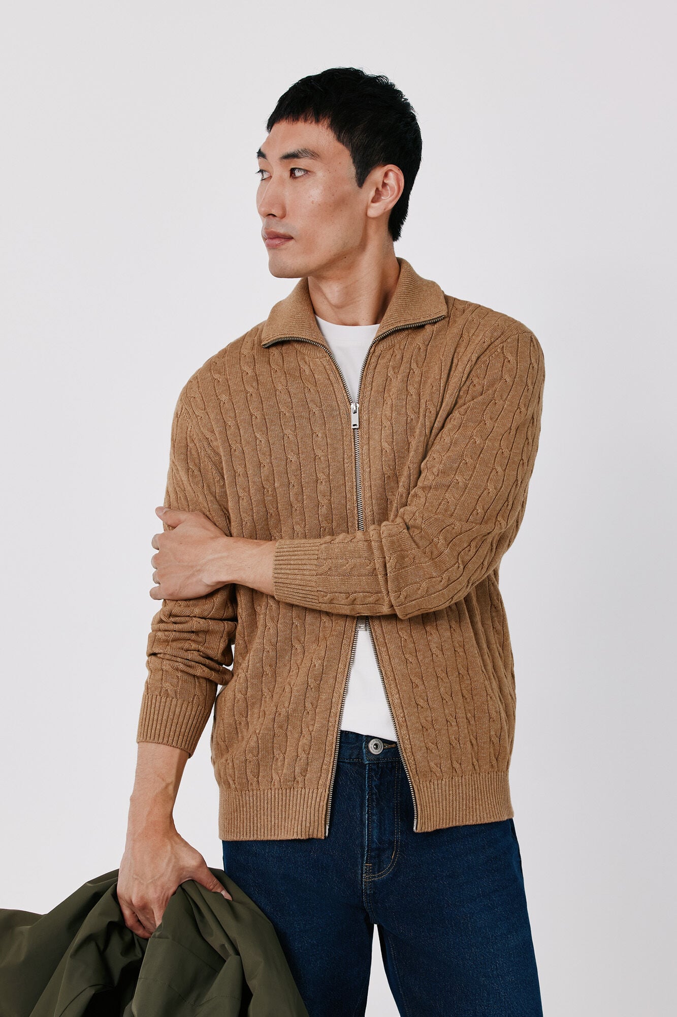 Cortefiel Cotton braided knit zip fastening cardigan