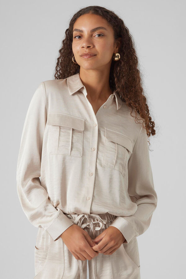 Cortefiel Satin-finish shirt with long sleeves Beige
