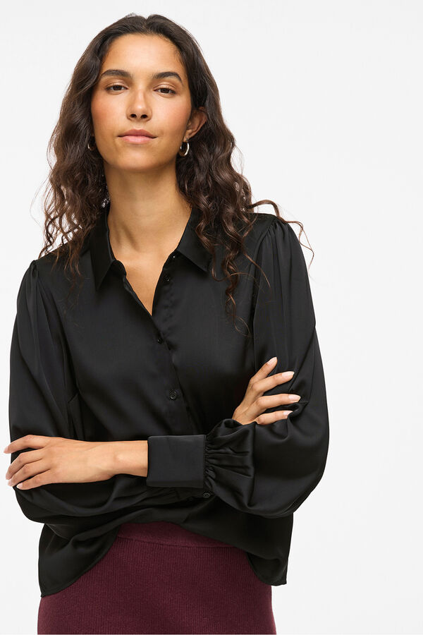 Vila Blusa de cetim de manga manga Preto