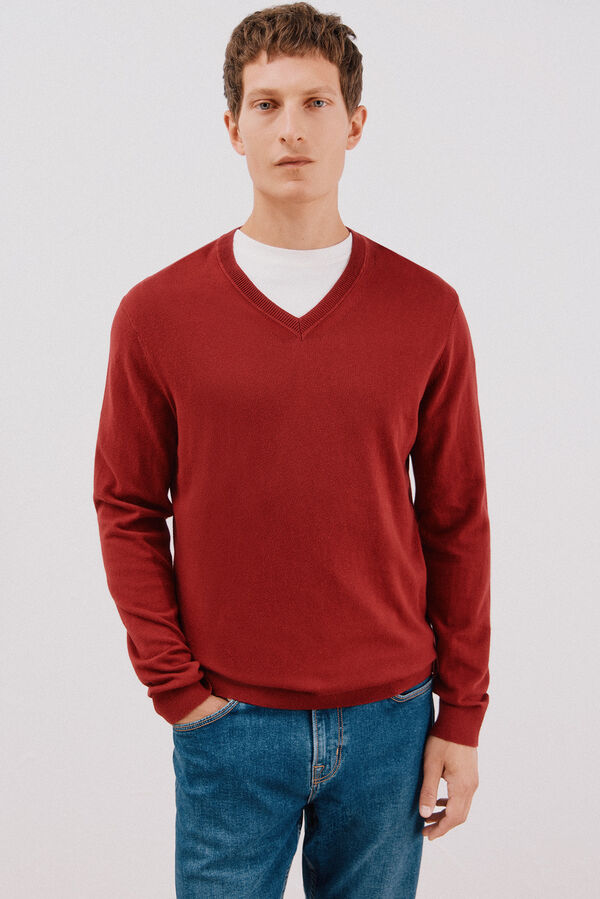 Cortefiel Cotton/cashmere V-neck jumper Maroon