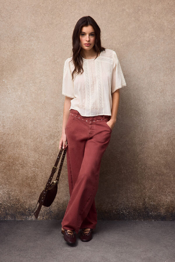 Slowlove Blusa com detalhes de renda Ecru