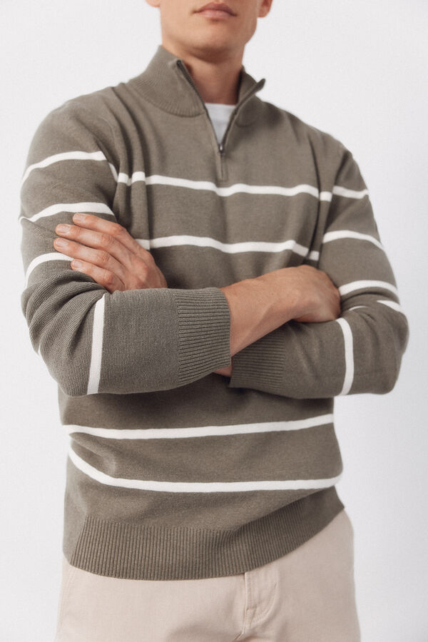 Cortefiel Striped jersey-knit with zip fastening  Kaki