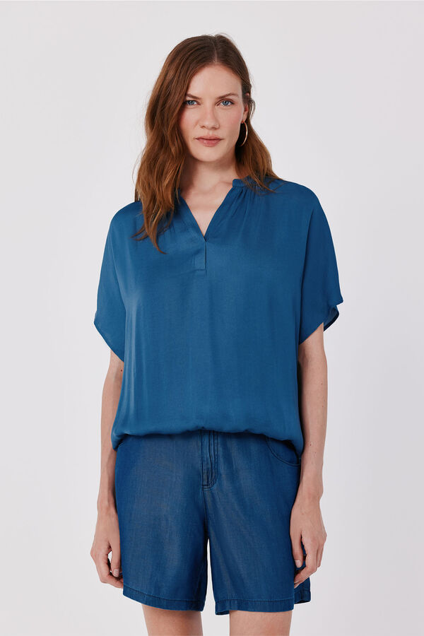 Cortefiel Blusa acetinada de manga curta Azul