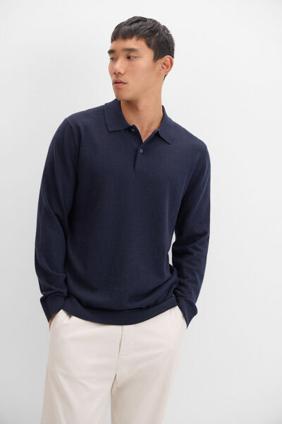 Cortefiel Suéter de cashmere de algodão com gola polo Azul