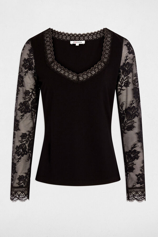 Morgan Sweetheart neck lace T-shirt Black