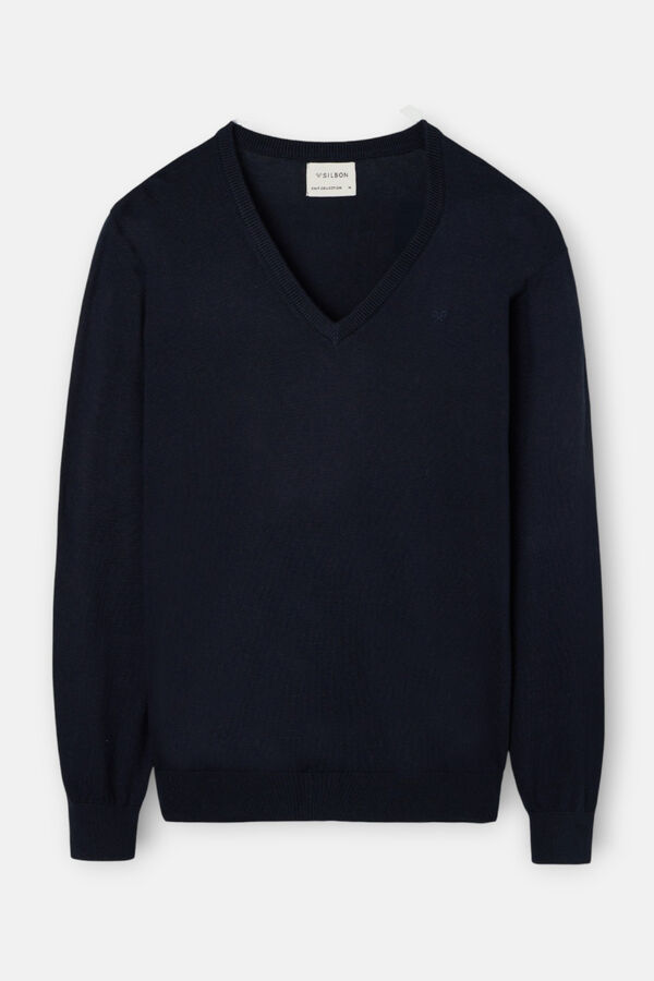 Silbon Camisola retrô com gola em V Azul